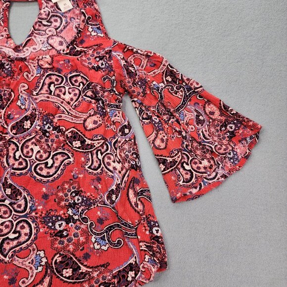 Mossimo Blouse Top Women's XS Red Paisley Cold Shoulder Bell Sleeve Top - Picture 2 of 10